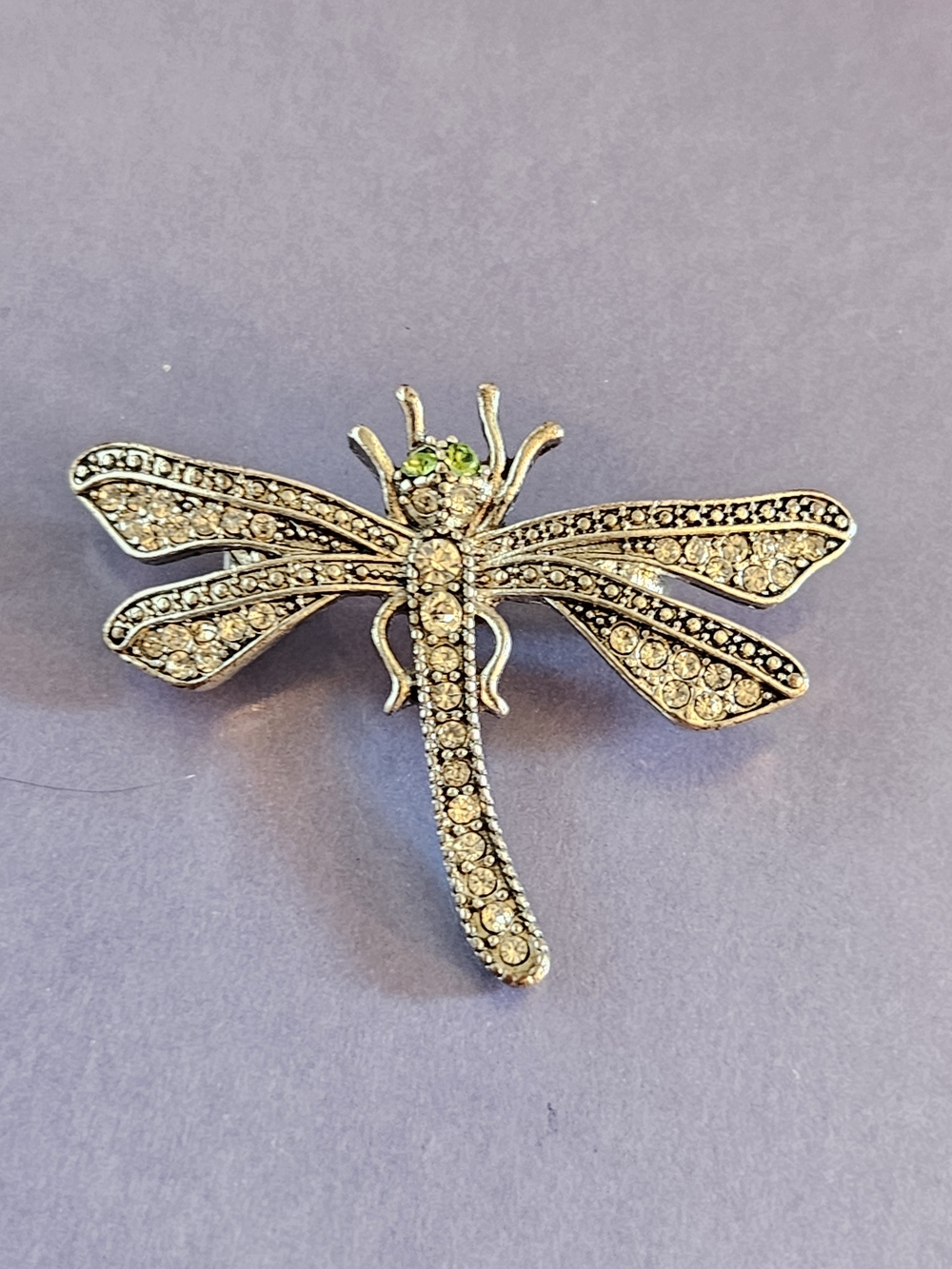Vintage Crystal Dragonfly Brooch Pin - Silver Tone with Green Eyes